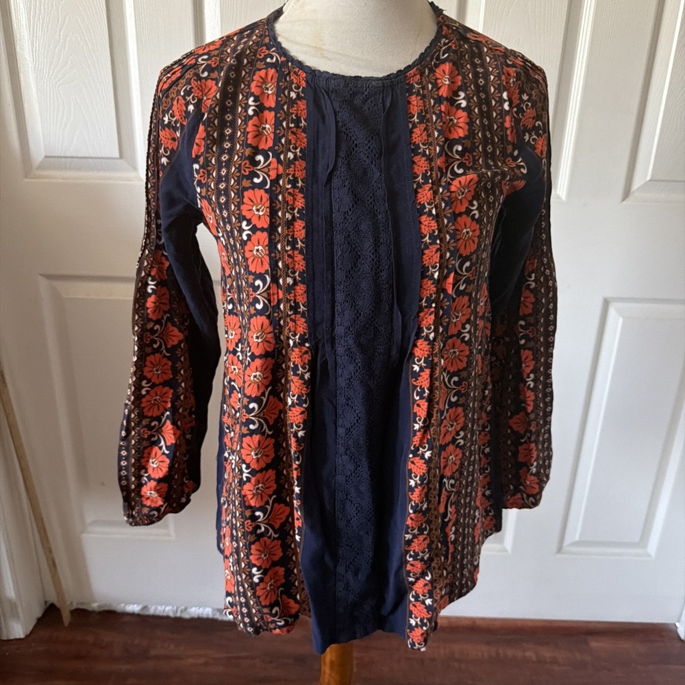 Matilda Jane Small Boho Floral Rayon Lace Inset Long Sleeve Peasant Top‎ Blue